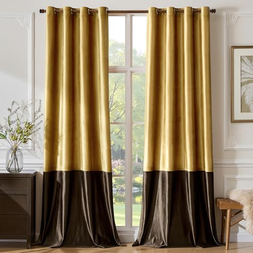 Gold Brown Velvet Blackout Curtains Luxury Decor 84 inches,Color Block