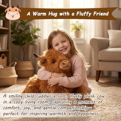 GYHWOFUL Highland Cow Kuscheltier/Hochlandrind Kuscheltier 36 cm – Weiches Plüschtier Kuh für Kinder & Erwachsene, Umarmbar, Niedlich, Reise-Kissen