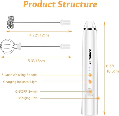 Miniatura 2 de Philorn Espumador de leche recargable de mano, varita espumadora con 2 cabezales, batidor eléctrico para café, mini espumador para lattes,