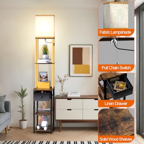 Image of Lightdot Floor Lamp with Shelves&Drawer, Black and Gold Sofa Lamp with Fabric Shade, Display Corner Floor Lamp with Storage Table for Living Room /Bedroom /Sofa Beside /Corner Decor(Bulb Include)