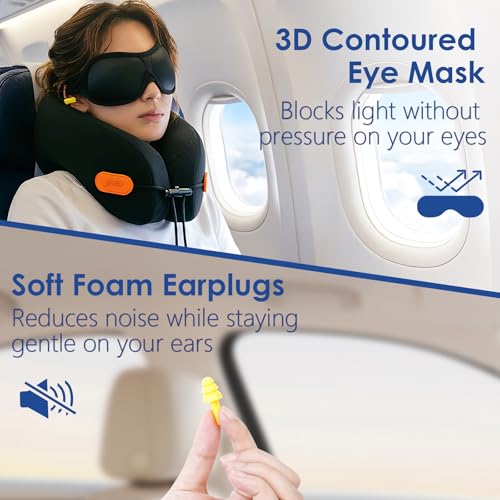 Image of jiaao Travel Pillow Memory Foam Neck Pillow for Airplanes with Adjustable Neck Support, Includes Eye Mask, Earplugs & Storage Bag - Perfect for Flights, Road Trips, and Trains