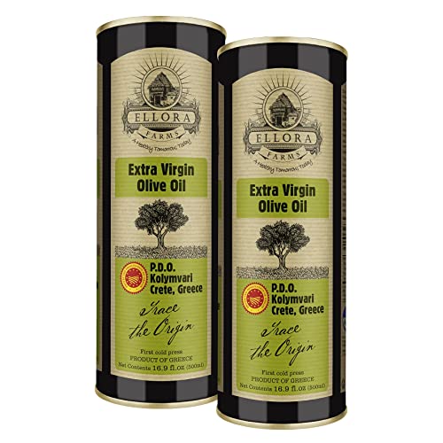 Ellora Farms, Single Estate Extra Virgin Olive Oil, PDO Crete, Greece, Traceable Olive oil, Kosher, 17 oz. Tin, Pack of 2