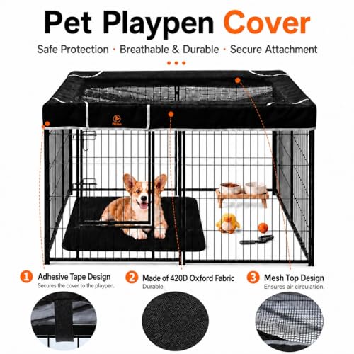 Image of PJYuCien Square Playpen Top Cover for 24'' Width 8 Panel Pen, Black | More Peace of Mind, More Safe, and Reduce Mess, Suitable for Puppy, Duck, and Other Small Animals, Adhesive Tape Connect