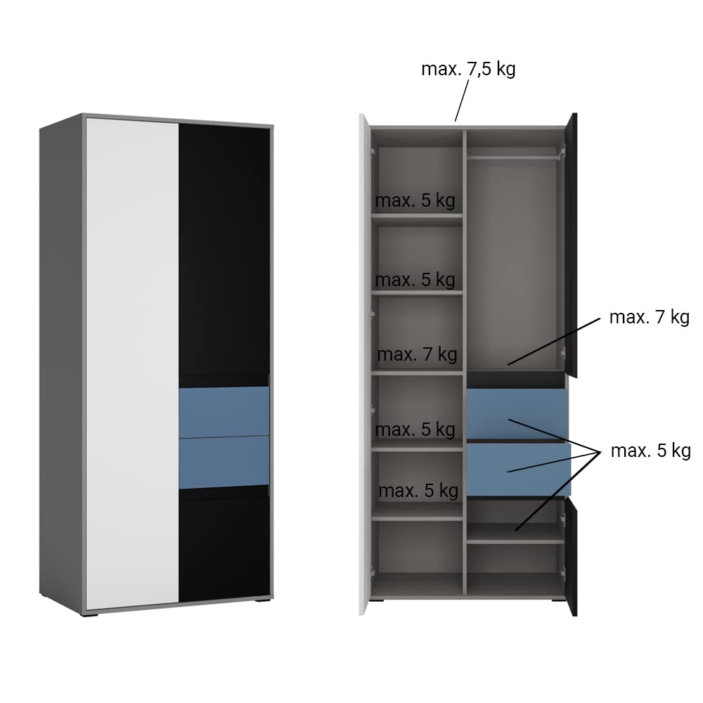 Lomadox Jugendzimmer Set mit Bett, Bettkasten, Kleiderschrank, Schreibtisch, Sideboard in grau mit schwarz, weiß, blau