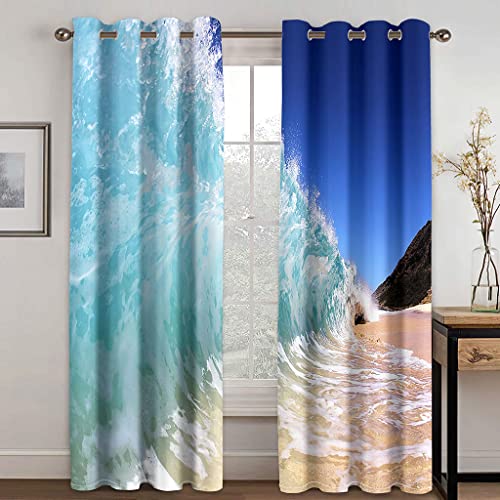 GDYRYD Cortinas Opacas Termicas Aislantes Frio Y Calor - Cortinas Opacas Habitacion 2 Piezas 55x140cm - Impresión Digital Playa De Olas Azules 3D Salón Dormitorio Decoración De La Ventana