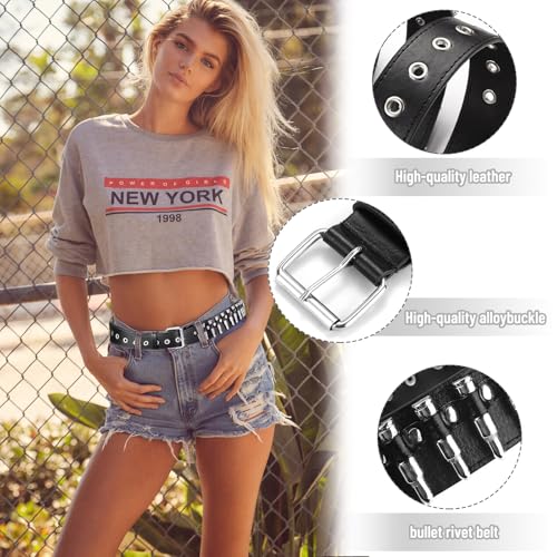 Black Studded Belt, 3 Pcs Y2K Belt Emo Girl Goth Punk Rock Double Grommet with Pyramid Scene for Women Men4