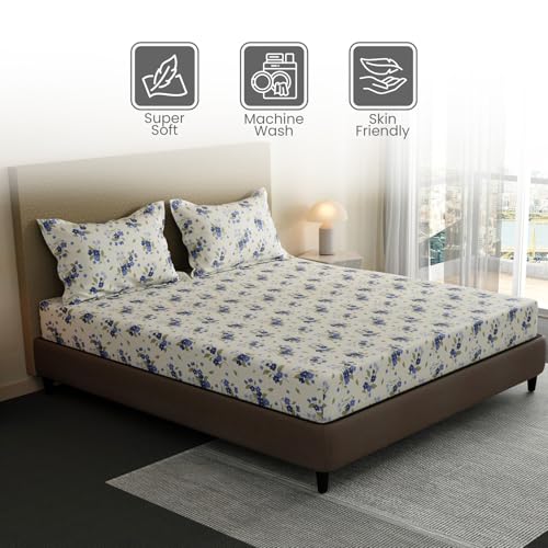 Image of Layers 100% Cotton Fitted Sheet for King Size Bed | Lumina Floret Collection | 144 TC Soft & Breathable | Floral Print with 2 Pillow Covers | Wrinkle Free & Colorfast | 3 Pc Bedding Set - Blue