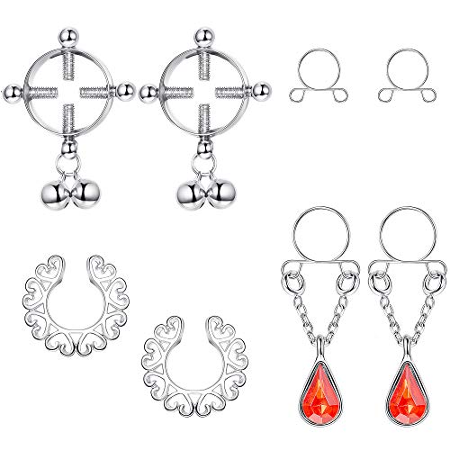 THUNARAZ 4Pairs Stainless Steel Fake Nipple Rings for Women Non-Piercing Dangle Nipplerings Faux Body Piercing Jewelry