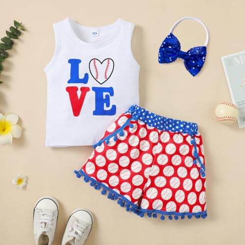 LYSMuch Toddler Baby Girls Shorts Outfits Love Baseball Print Vest T-Shirt Tops Tassel Pants Summer Clothes Set2