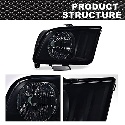 G-Plus Headlights Assembly, Compatible With 2005 2006 2007 2008 2009 Ford Mustang Bumper Headlamp, Smoky Lens  Black Housing Amber Reflector #TOP5