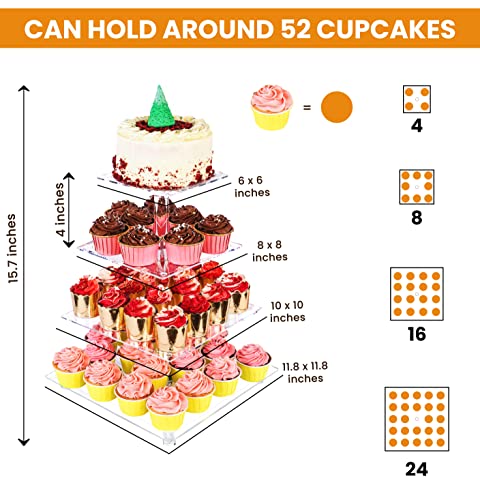 Utopia Home - Square Acrylic Cupcake Stand With Yellow Led Light Strings - 4 Tier Premium Cupcake Tower - Cup Cake Tier Stand For Dessert Table - Ideal For Weddings Birthday Parties #TOP2