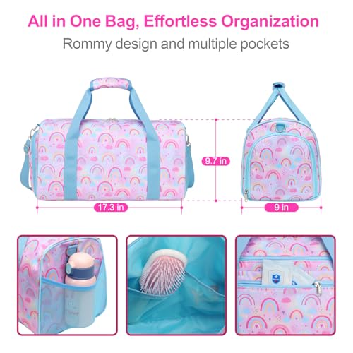 Image of Bagseri Dance Bag for Girls - Kids Duffle with Shoe Compartment, Gymnastics Tote for Sleepover Travel with Water Resistant Wet Pocket (Light Purple Blue Rainbow)
