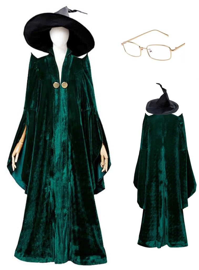 Womens Professor Mcgonagall Costume Green Robe Wizard Cloak Cap Glasses Suit Witch Cosplay Halloween Outfit