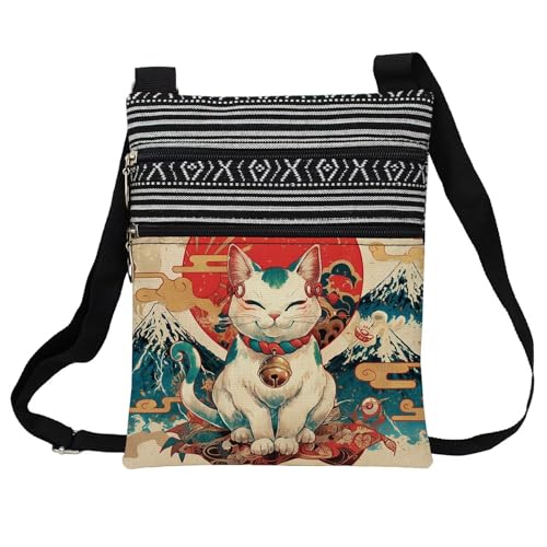 Fortune Cat Messenger Bag Small Ethnic Pattern Printed Adjustable Strap Crossbody Zipper Bag Fortune Cat Phone Bag Wallet Cute Shoulder Handbag for Women -2