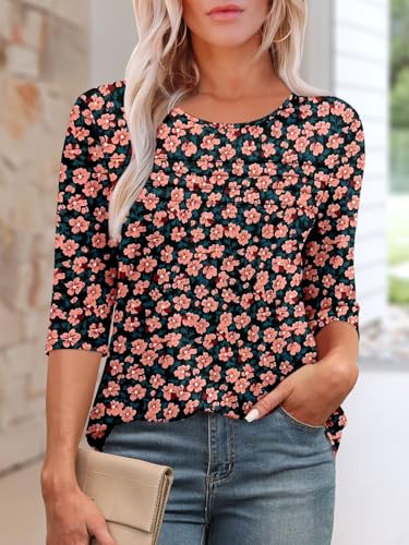 KISSMODA Women's Casual 3/4 Sleeve T-Shirts Round Neck Cute Tunic Tops Basic/Pleated Summer Tops Trendy Spring Blouses