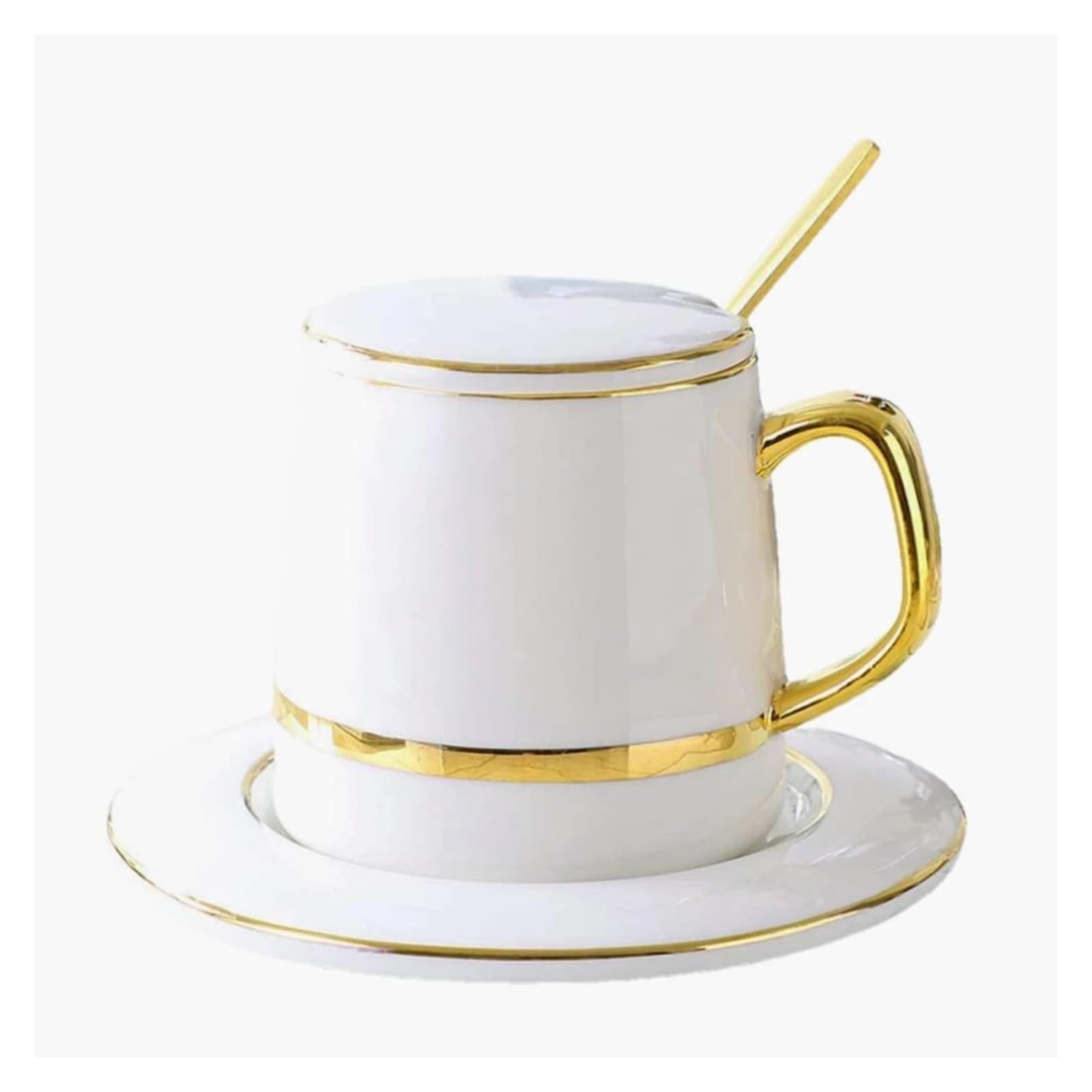 Tasse Mit Deckel Vintage-Design Keramik Kaffeetasse mit Deckel Holzgriff Retro Office Home Wassertasse einfaches Business-Trinken(White)