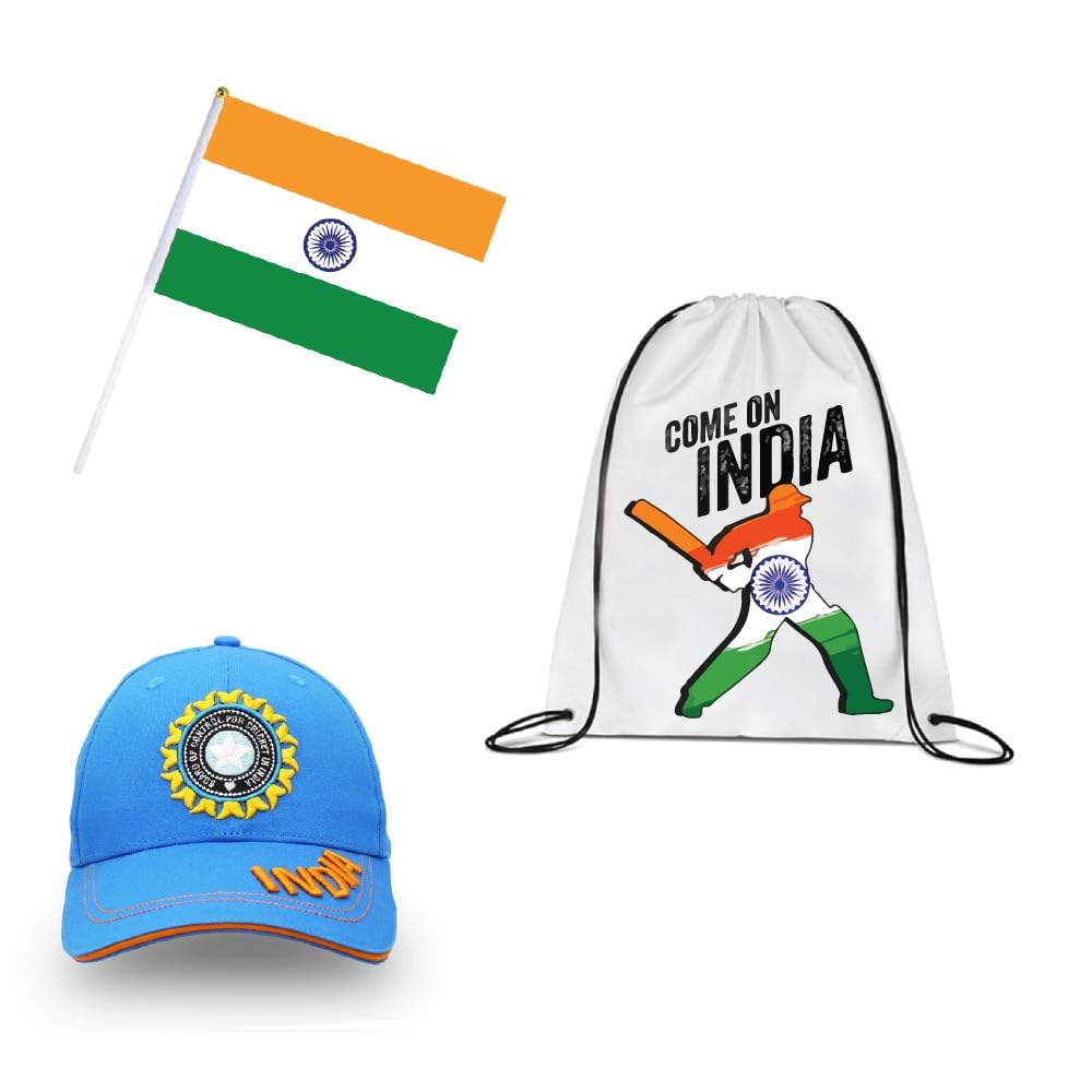 India Sports Cricket Fans Combo Set - Pack of 3 - Drawstring Bag, Hand Flag, Embroidered Cap for Adults- Cricket Combo for India Sports Fans - Perfect for Sports Events and Cricket Matches