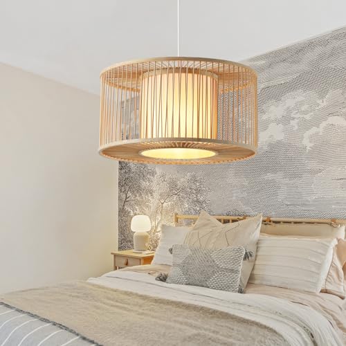 Aeyee Bamboo Pendant Light Fixture 1 Light Rattan Pendant Lamp Drum Shaped Woven Hanging Light for Kitchen Island Nursery