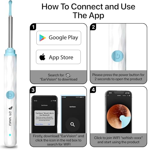 Image of Dr Vaku Earocam Ear Cleaner Earwax Removal Tool Kit with HD Camera Wifi Connection & 6 LED Lights Endoscope Tool for iOS & Android + 11 Silicone Tips Free (White)