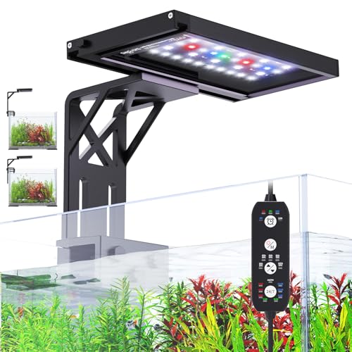Clip On Aquarium Light for Plants-24/7 Cycle Fish Tank Light with Timer, Full Spectrum+7 Colors Mode, Auto On/Off, Adjustable Brightness and Height, 12W (7inch for 7-12 inch Tank)