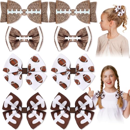 Suncalla 8 Pcs Football Hair Bow Clips Brown and White Cheer Football Bow Hair Clips Glitter Sports...