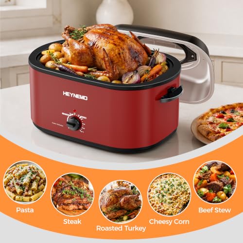 Image of 30 Quart Large Turkey Roaster with Defrost & Warm Functions, Electric Roaster Oven with Visible Self-Basting Lid, Adjustable Temperature Control, Removable Pan & Rack, Stainless Steel, Red