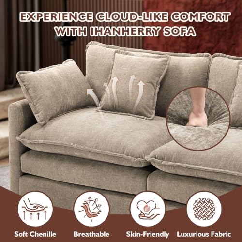 Image of Ihanherry 146 inch U-Shaped Modern Sofa Modular Sectional Luxurious and Comfortable with 2 Ottoman, 6-Seat Chenille Deep Seat Sofa with 6 Pillows for Living Room, Bedroom and Apartment, Sand
