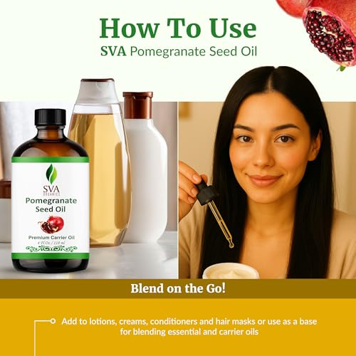 Image of SVA Organic Pomegranate Seed Carrier Oil with Dropper, 4 Fl Oz (118 ml) | Pomegranate Seed Oil for Face, Facial Oil, Skin, Hair, Body Oil, Body Massage, Nail Care & DIY Beauty Blends in Glass Bottle