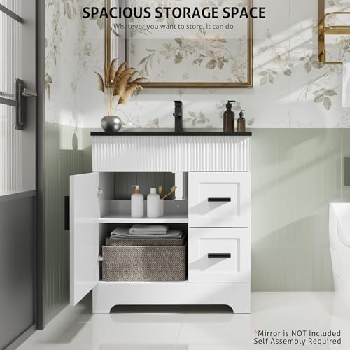 Image of eclife 30 inch Bathroom Vanities Sink Combo with Painted Surface, Modern Drawered Cabinet W /Decorative Wave Lines, Undermount Single Black Sink, Matte Black Faucet Drain, White