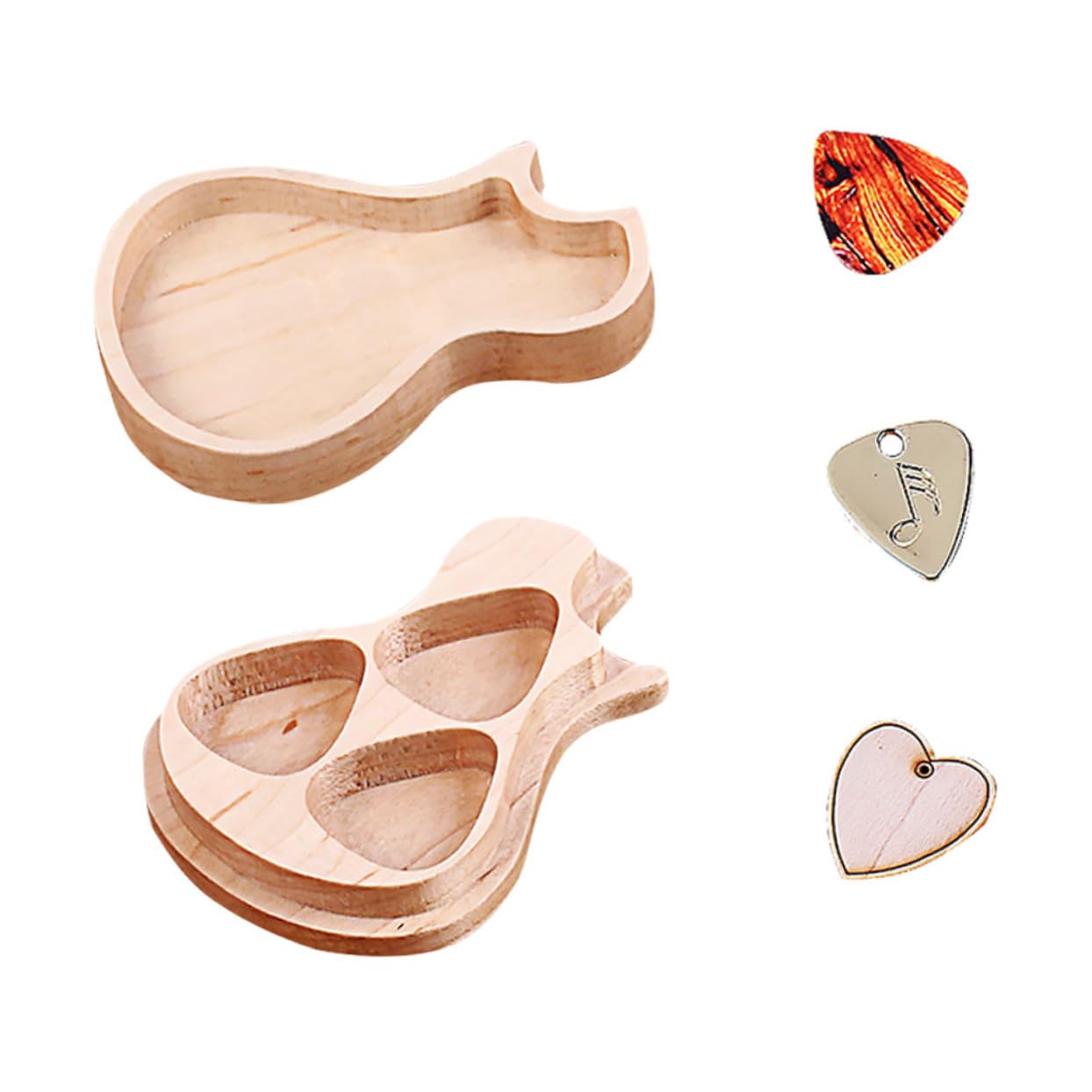 Gitarrenplektrum Kasten aus Ahornholz, Satz mit 3 Plektren | Khakifarbene Gitarrenform, Handgefertigte Ausführung, für Gitarristen und Musikliebhaber