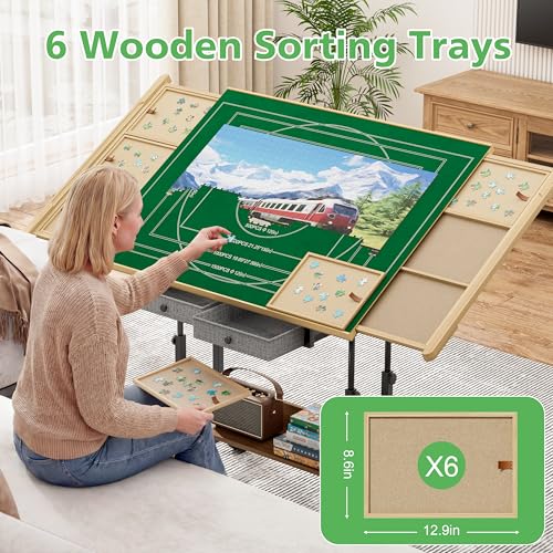 Image of CODACE Puzzle Table with Drawers - 2000 Pieces Jigsaw Puzzles Table for Adults, Tilting Puzzle Board with 6 Sorting Trays and Cover, Tables with Adjustable Height Leg and Wheel, Puzzle Lover's Present