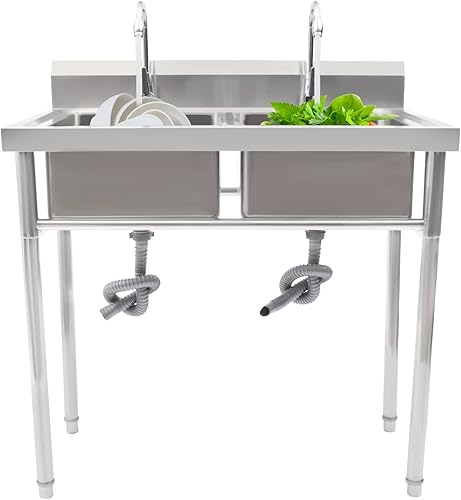 Miniatura 10 de Fregadero de cocina comercial, fregadero de acero inoxidable de 2 compartimentos, fregadero de restaurante independiente, mesa de preparación de