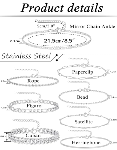 Tornito 8Pcs Ankle Bracelets for Women Stainless Steel Waterproof Layered Cuban Figaro Link Chain Rope Paperclip Herringbone Satellite Bead Anklets Set Summer Beach Jewelry Gold Silver Tone 8.5 Inch2