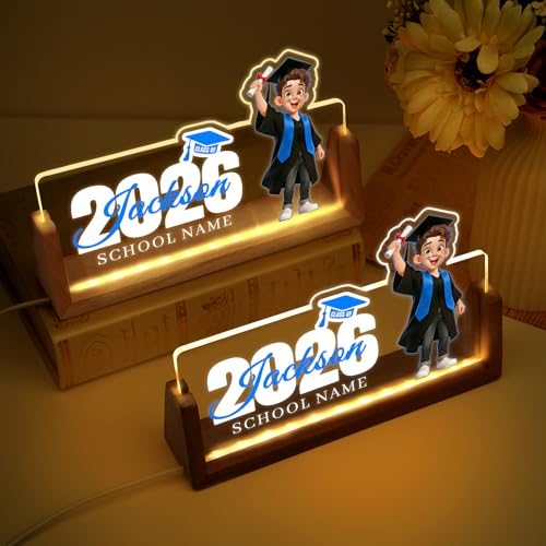 Image of Custom Name Plate for Desk, Personalized Light Up Acrylic Desk Name Plate, Personalized Graduation Gifts 2026 for Him Her, Class of 2026 Graduate Gift, High School College Grad Gift (Design17-Graduation Boy)
