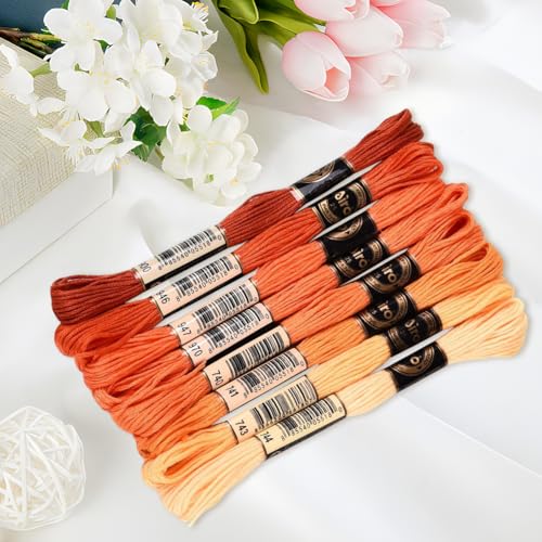 Image of 70 Yards 8 Skeins Gradient 6 Strands Orange Red Variegated Cross Stitch Thread Embroidery Floss Polyester Friendship Bracelet String Threads Set for Hand Sewing Making Needlecraft Supply