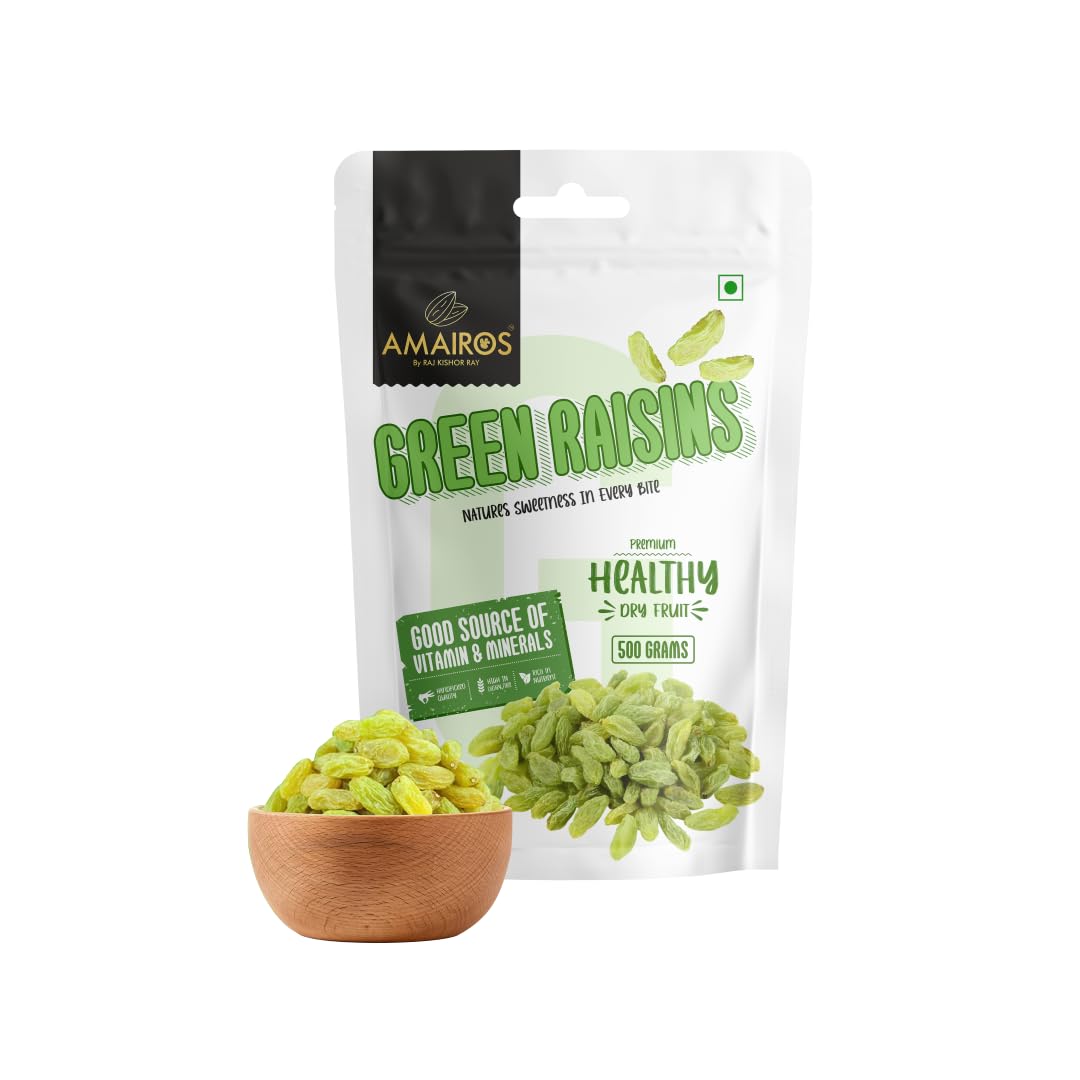Amairos Premium Green Raisins I 500gm Value Pack Pouch | 100% Natural & Premium I Kishmish I Seedless I Dried Grapes I Bursting with Natural Goodness Exquisite Dry Fruit Delight for Health and Taste (B0CQVQ57YZ) Amazon Price History, Amazon Price Tracker