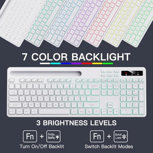 Image of Soueto Wireless Keyboard with 7-Color RGB Backlit, Full-Size Computer Keyboard with Phone Tablet Holder, 2.4G Rechargeable Gaming Keyboard with Light Up Keys, Compatible with Mac, Windows (White)