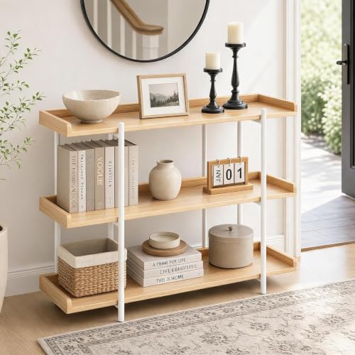 3 Tier Bookshelf with Guardrail, Narrow Bookcase for Small Spaces, Tall Skinny Storage Shelf, Open Display Shelf for Bedroom, Living Room, Home Office,46.46 x 13.19 x 6.89 Inches(Light Coffee) by IDEALHOUSE - Used condition - Image 6