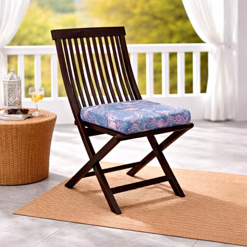 Image of WELL KNOWN Set of 2 Wooden Folding Chairs with Cushion Seat | Walnut Finish Solid Wood Patio & Balcony Chairs | Space Saving Indoor Outdoor Furniture (Blue Cushion)