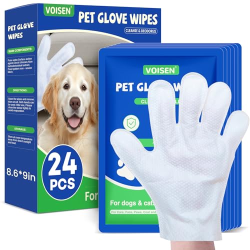 VOISEN 24 Pcs Pet Glove Wipes for Dogs and Cats,Cleaning & Deodorizing Bathing Grooming Wipes,Unscented Thick Nourish Fur Glove Wipes for Pet Dry Cleaning,Daily Care and Travel