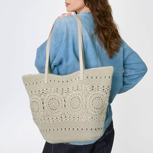 Image of The Sak Faye Tote Bag - Hand Crochet Women's Purse For Everyday & Travel - Handbag With Zipper Pocket & Shoulder Straps