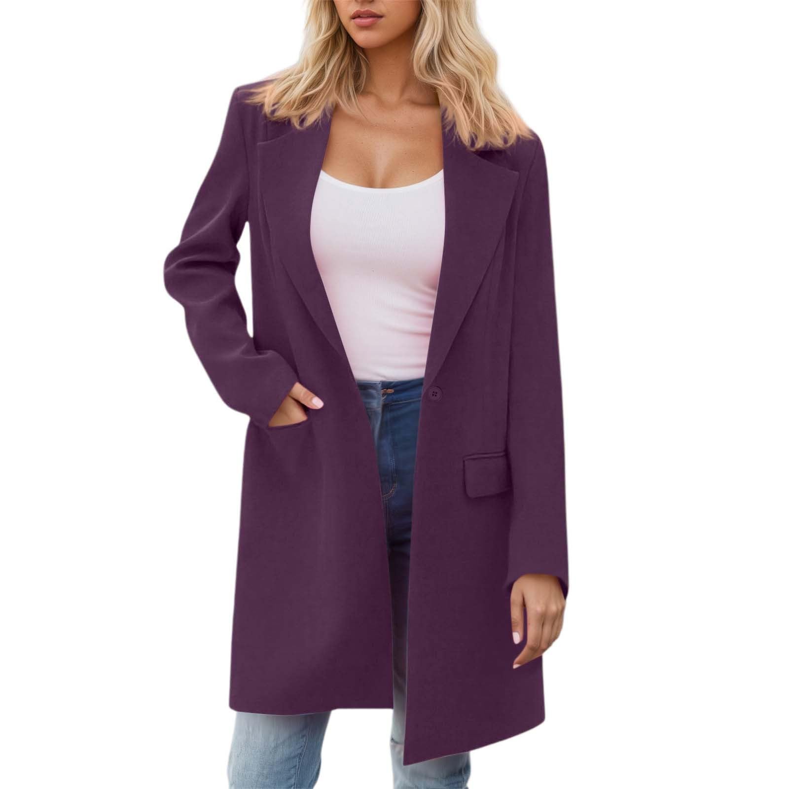 Blazers for Women Business Casual Open Front Fall Winter Wool Long Trench Coat Lapel Button Work Office Suit