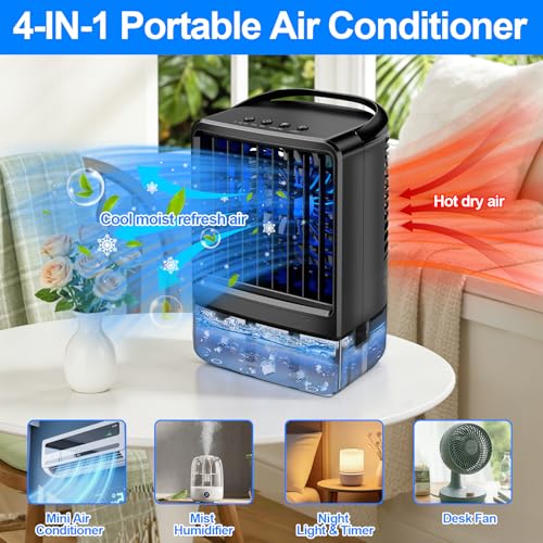 Image of Upgraded Portable Air conditioners, 4-in-1 Desktop Cooling Fan with 3 Wind Speeds,Cooling Mist Mode,800ml Water Tank,7-Color Night light,Personal AC Fan with 2-4H Timer for Bedroom, Office, Home, Car