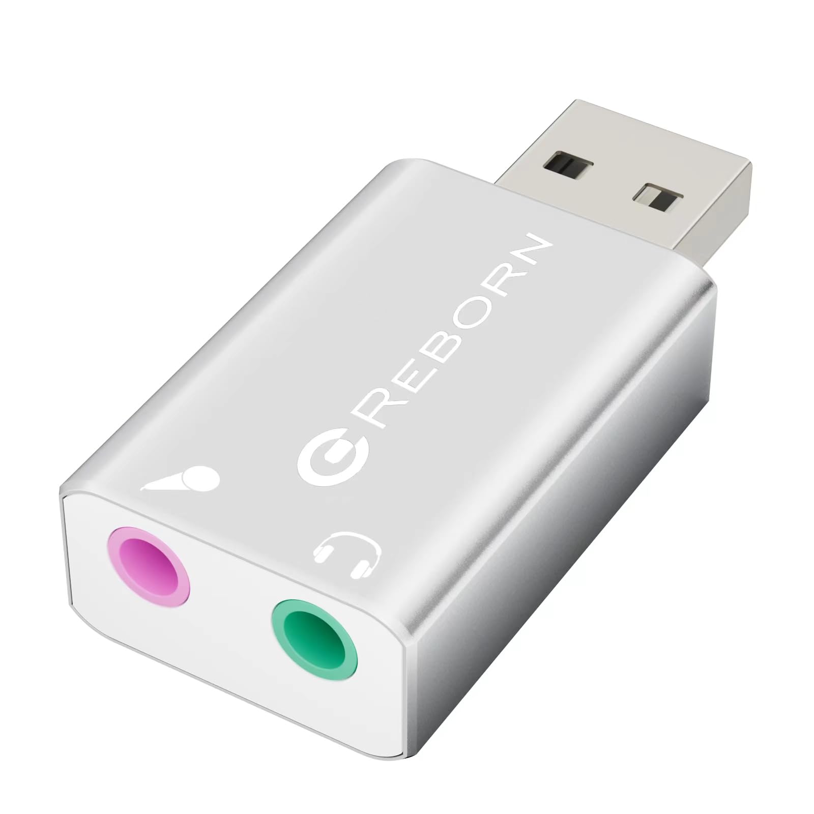 Reborn USB External Stereo Sound Audio Adapter, Alloy 3.5mm Universal Jack (Headphone/Microphone), Compatible with Windows, Mac, Linux, PC laptops, Plug and Play - 1 Pack