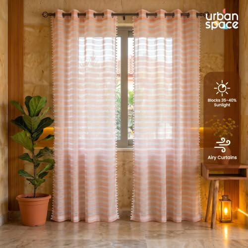 Image of Urban Space Aari Collection Weaved Sheer Curtains for Door 7 Ft Long, 40-50% Light Filtering Textured Curtains with Eyelets and Tieback, Set of 2 Decorative Curtains (Weaves Peach, Door- 7 Ft)
