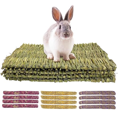 KATLKIU 4PCS Natural Grass Mat for Rabbits, Edible Chew Toys Set with 12PCS Timothy Hay Sticks – Rose, Calendula, Forget-Me-Not Flavors – for Guinea Pigs, Chinchillas, Hamsters, Small Pets