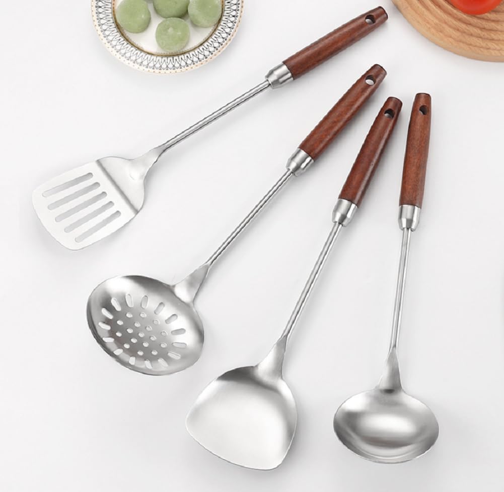 Set di utensili da cucina – 6 cucchiai e spatole in acciaio inox resistenti al calore con fori per appenderli, antiaderenti e lavabili in lavastoviglie
