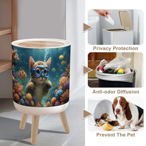 Caneca de basura pequeña redonda con tapa y patas de madera miniatura 4