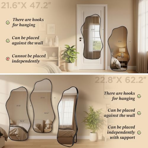 Dorlicecass Irregular Full Length with Stand-Standing Leaning Hanging 62.2"x22.8" Black Asymmetrical Aluminum Frame Decorative Full Body Mirror for Living Room,Bedroom,Cloakroom,Entryway - 3