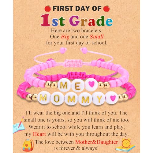 MOMMY& ME Back to School/First Day of School Bracelet Gifts, First Day of Kindergarten Preschool First/Second Grade Bracelet Gifts, Set of 2 Pink Small Beads Bracelet for Girls